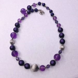 Vintage De Mario Necklace Purple Beaded Silver Brushed Faceted Signed Choker 14"